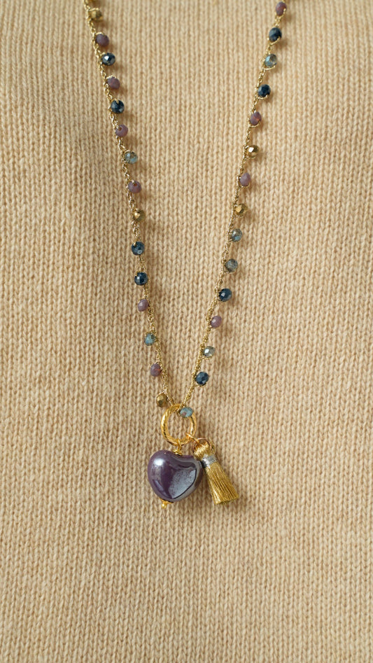 Via Roma - Collana "Cuore Ceramica" Blu - Viola - Grigio Cangiante - Dorato - Argento