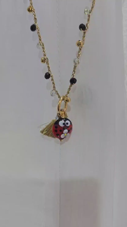 Via Roma - Collana "Coccinella"  Nero - Bianco - Dorato - Trasparente - Rosso